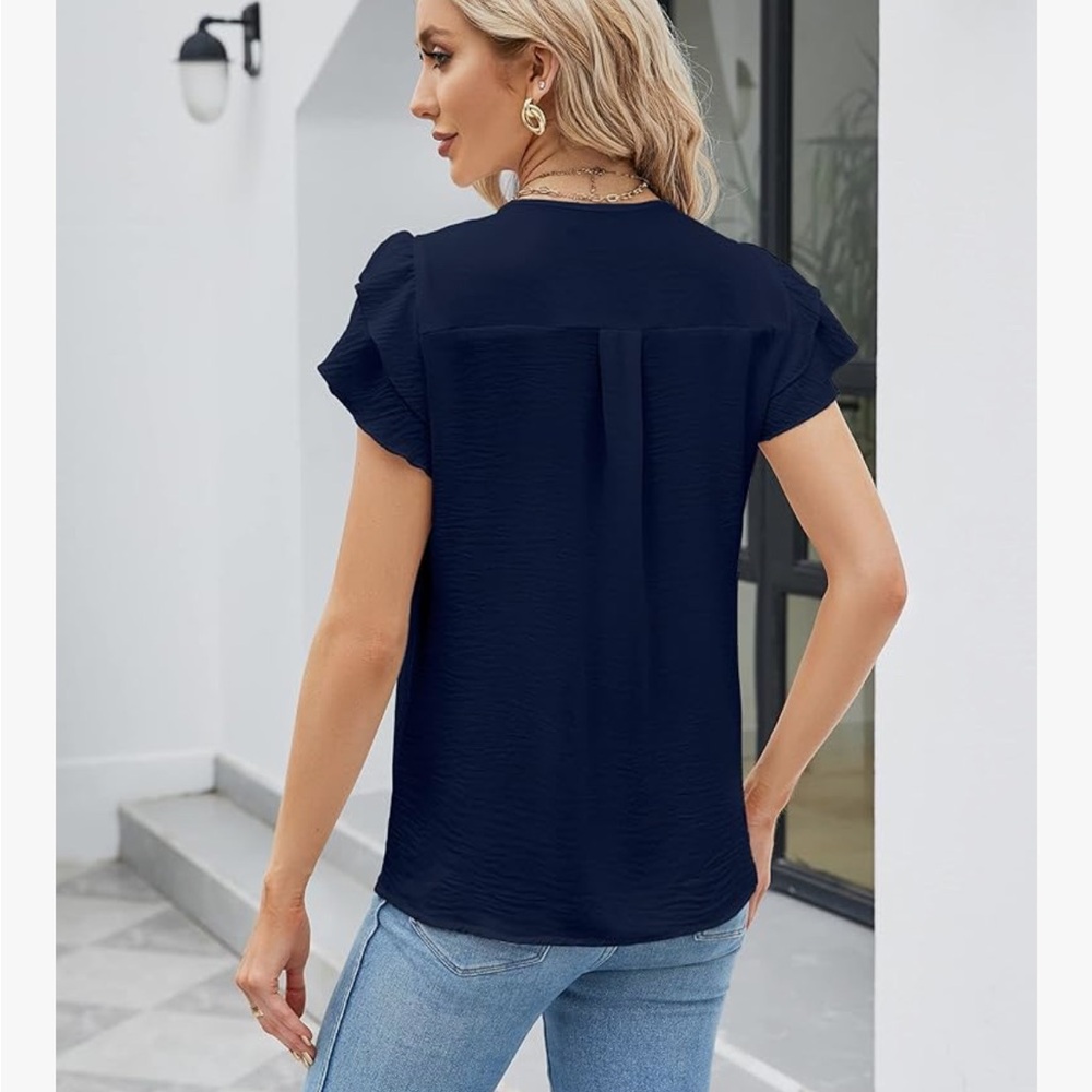 Navy Ruffle Sleeve Blouse - Picture 2 of 3
